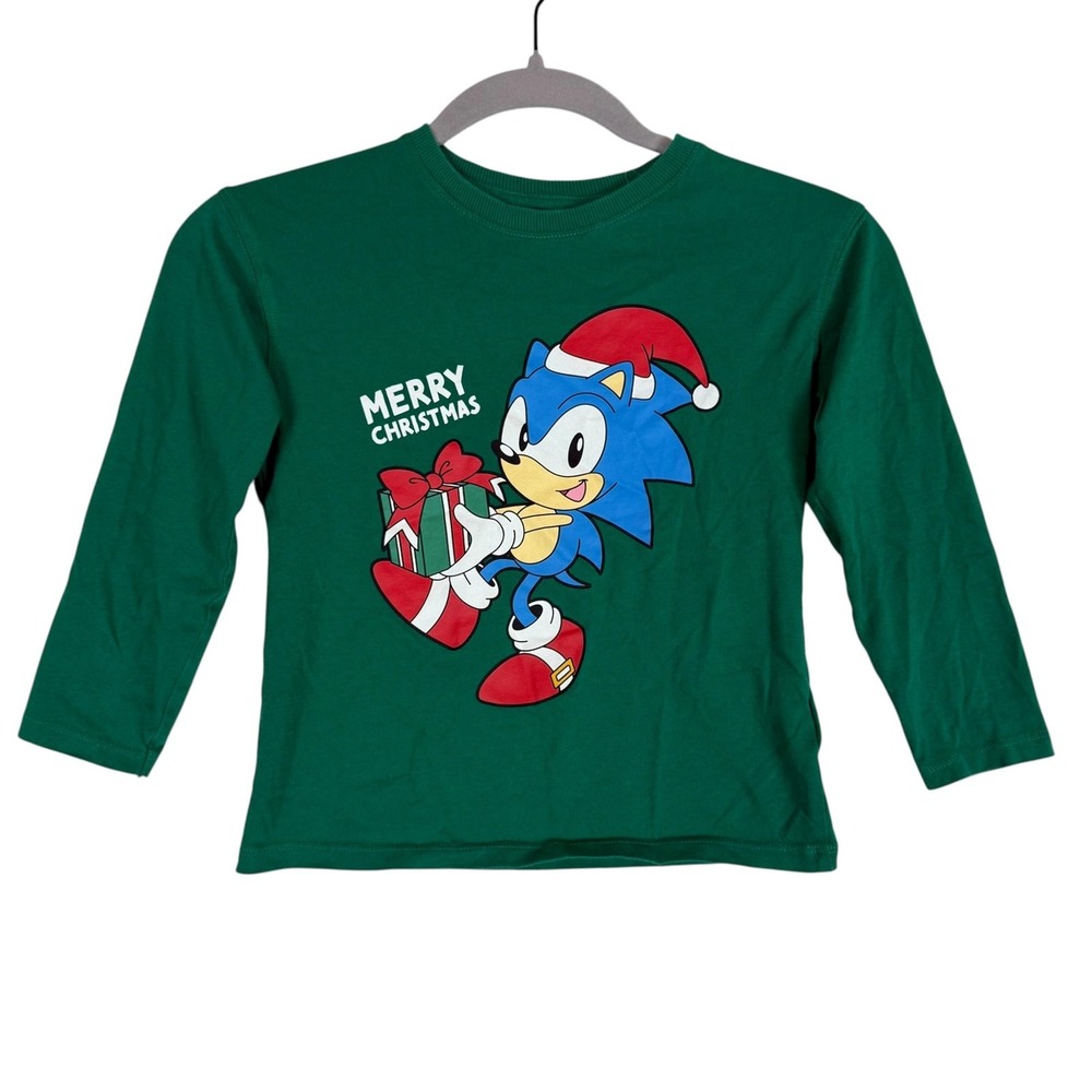 H&M Shirt Boys 5T Green Sonic Hedgehog Merry Christmas Graphic Long Sleeve Tee
